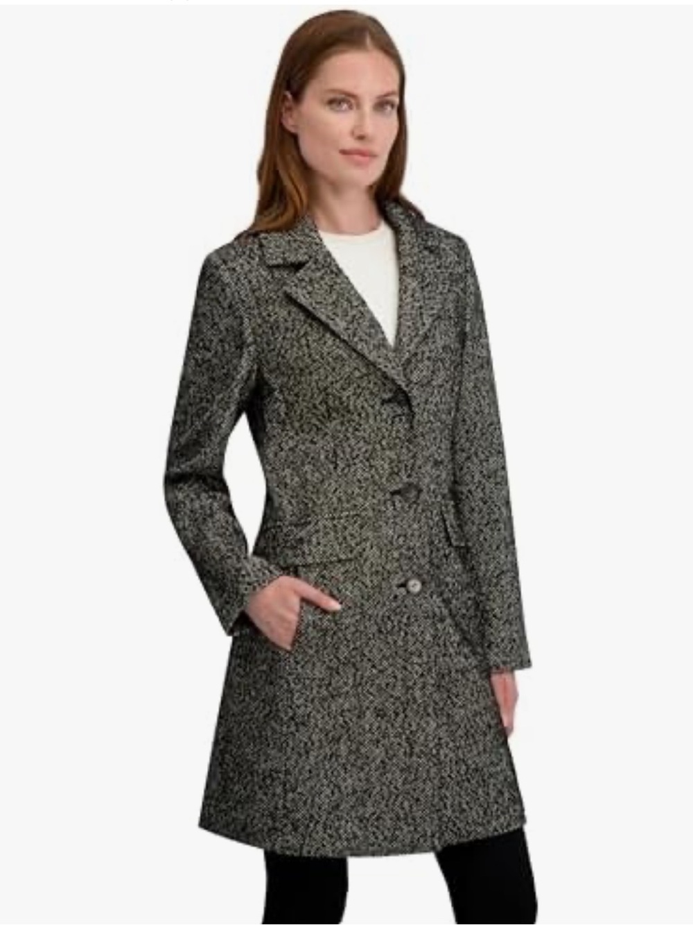 Laundry by Shelli Segal Women’s Faux Wool Herringbone Pea Coat Black & White